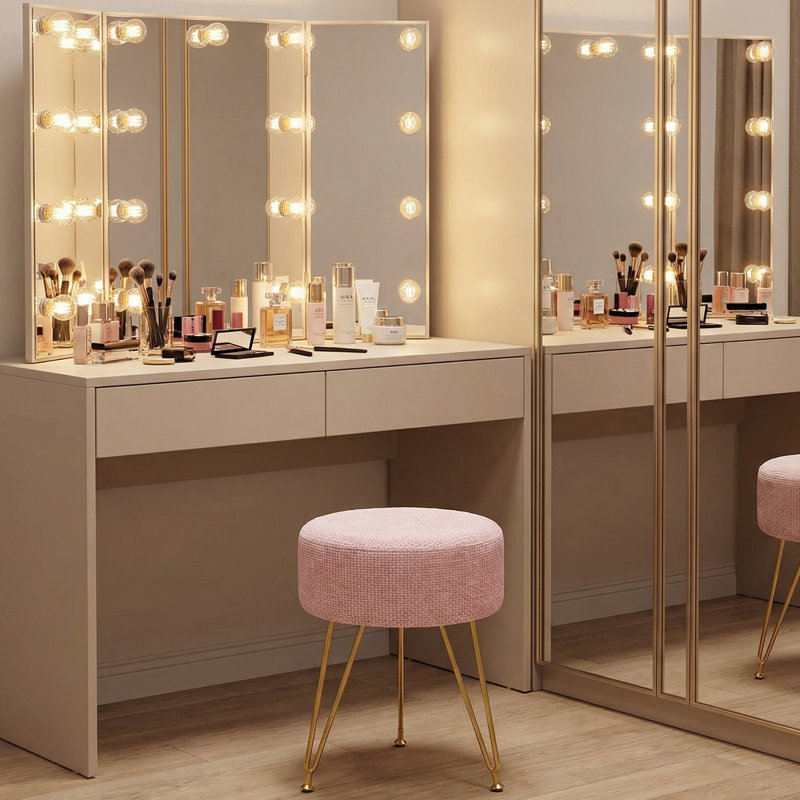 Modern Round Vanity Stool with 3 Metal Legs, Multiuse Foot Rest for Makeup Room Bedroom, Pink