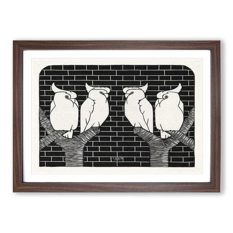 Four Crowned Cockatoos by Samuel De Mesquita - Picture Frame Painting, 27cm H x 36cm W x 2cm D, Walnut Framed