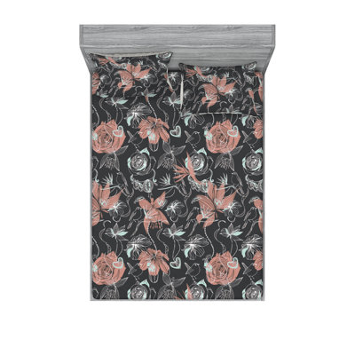 Ambesonne Fitted Sheet & Sham Spring Roses Wingy Coral Pale Blue