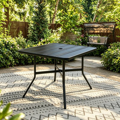 4-Person Small Metal Square Table For Outdoor Patio, Sturdy Backyard Dining Table With Slatted Top & Umbrella Hole, Modern Weatherproof Table For Lawn, Poolside & Balcony