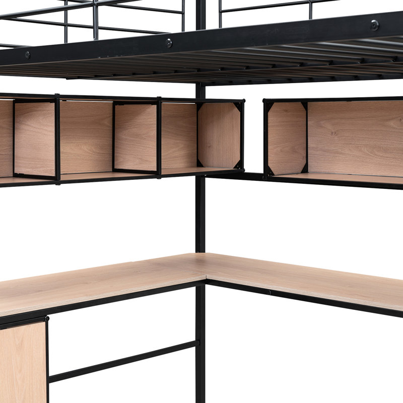 Lit mezzanine en métal noir avec bibliothèque, bureau et armoire. Économisez de l'espace dans les espaces étroits. Qualité de fabrication solide. Assemblage complet requis. Maximisez les espaces confinés. Structure.