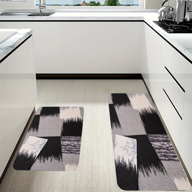 Ensemble de 2 tapis de cuisine Brushstroke Check, Gris / noir / blanc abstrait