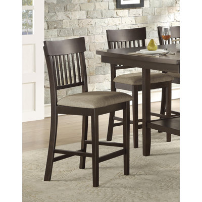 Dark Brown Finish Counter Height Chairs 2Pc Set Vertical Slat-Back Design Lenin-Like Fabric Padded Seat Dining Furniture