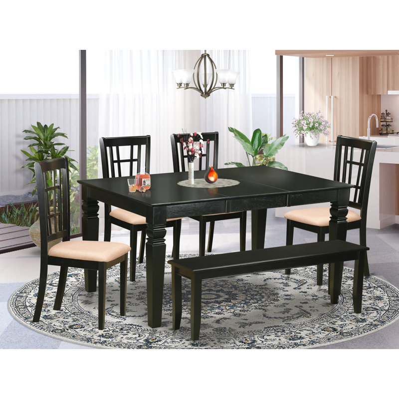 6 Piece Kitchen Table Set Contains a Rectangle Dining Table with Butterfly Leaf and 4 Linen Fabric Dining Chairs with a Bench, Black