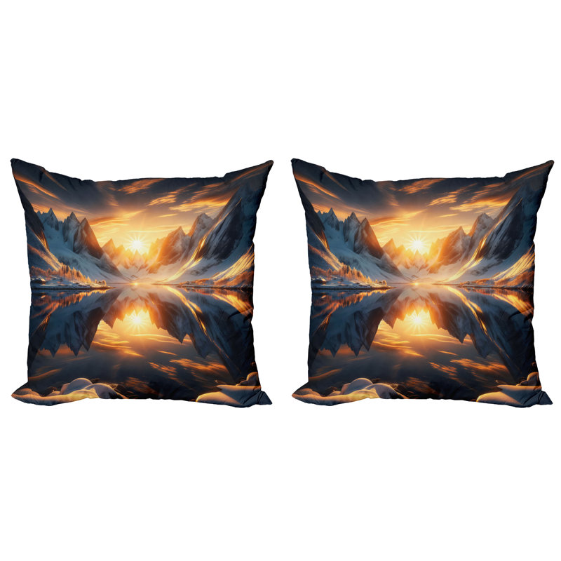 Orange and Dark Blue Mountain Lake Microfiber Throw Pillow Set