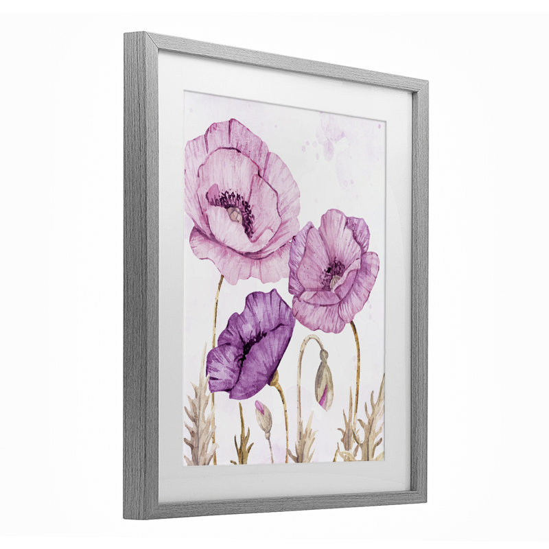 Bright Purple Poppies Framed Print Under Glass, design by Kim Allen, 21" H x 17" W, Farmhouse Grey Under Glass Framed