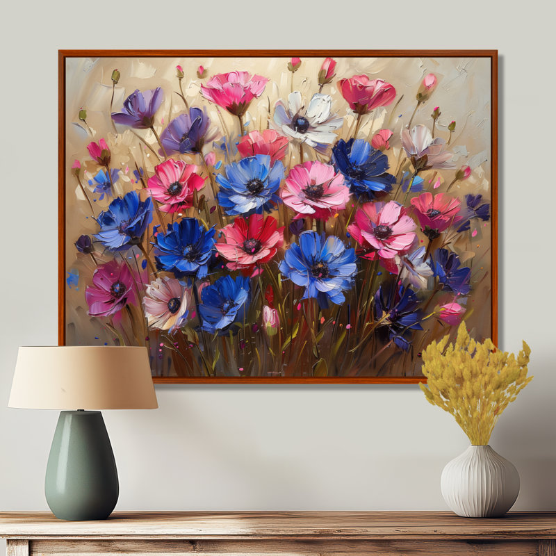 Rose et blanc, floraison des bleuets, Beauties II - Art mural bleuets, Cadre flottant brun, H 16 po x l 32 po