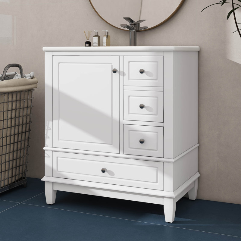 Meuble-lavabo fonctionnel de 30 po avec lavabo - équipé d'une porte et de trois tiroirs à fermeture en douceur, Blanc