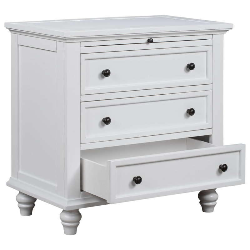 3-Drawer Storage Wood Cabinet, End Table with Pull out Tray, White