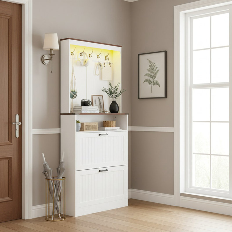 Farmhouse Shoe Cabinet With 2 Flip Drawers & Coat Rack, 2 In 1 Hall Tree With Hidden Shoe Storage Cabinet, Narrow Shoe Rack Cabinet For Entryway, And Hallway, Rustic White