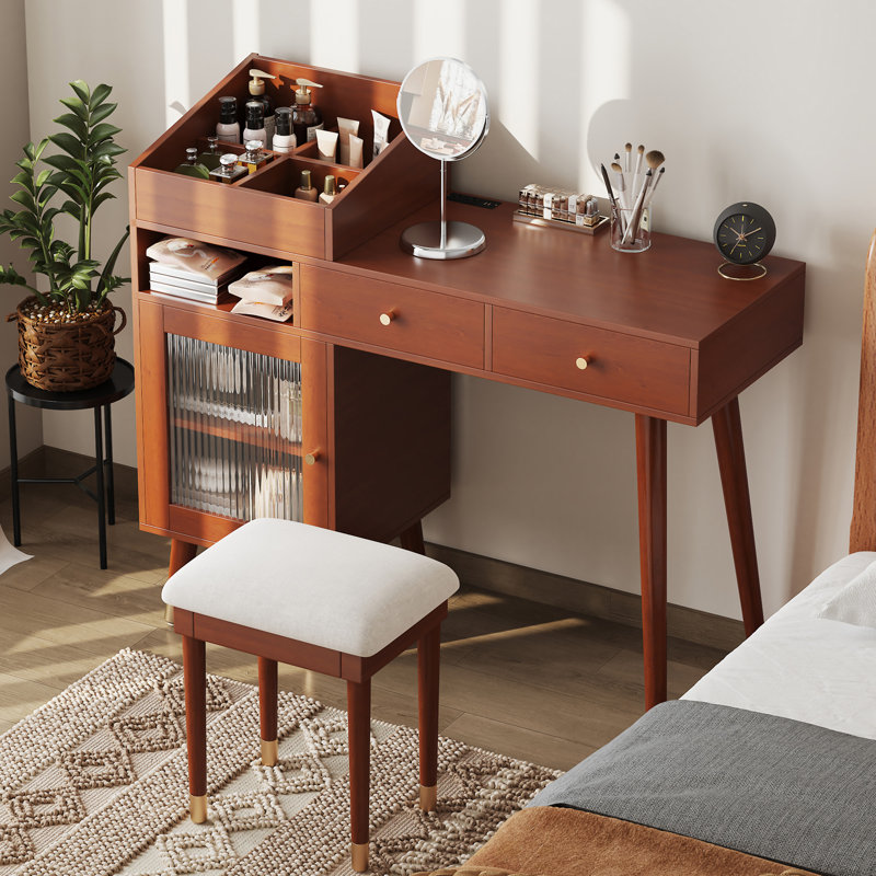 Modern Makeup Vanity Desk With Drawers, Walnut