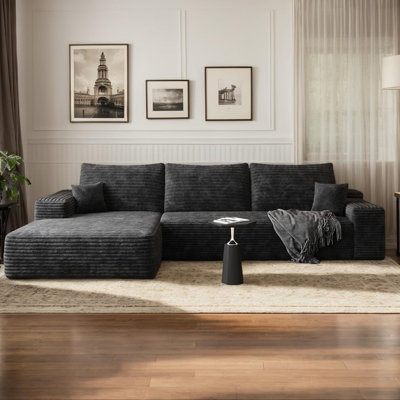 108" W Corduroy Sectional Boneless Cloud Couch with Chaise, No Assembly Required, L Shaped Modular Sectional Sofa, Oversized Cozy Fluffy Sofa for Living Room (Black, Left Facing Chaise)