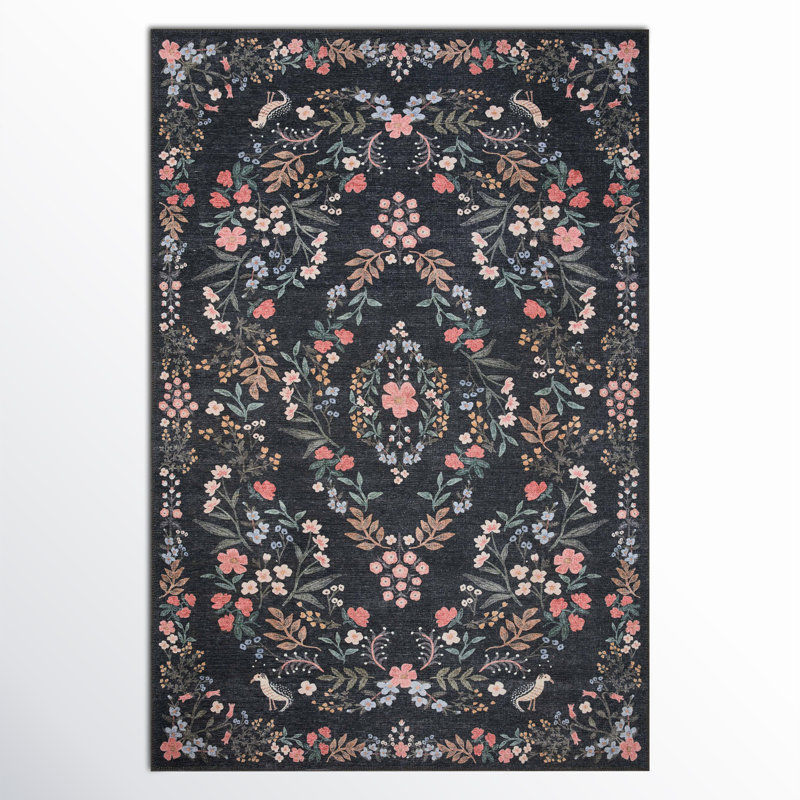 Tuileries Black Floral Synthetic Easy Care Runner Rug 2'-0" x 5'-0"