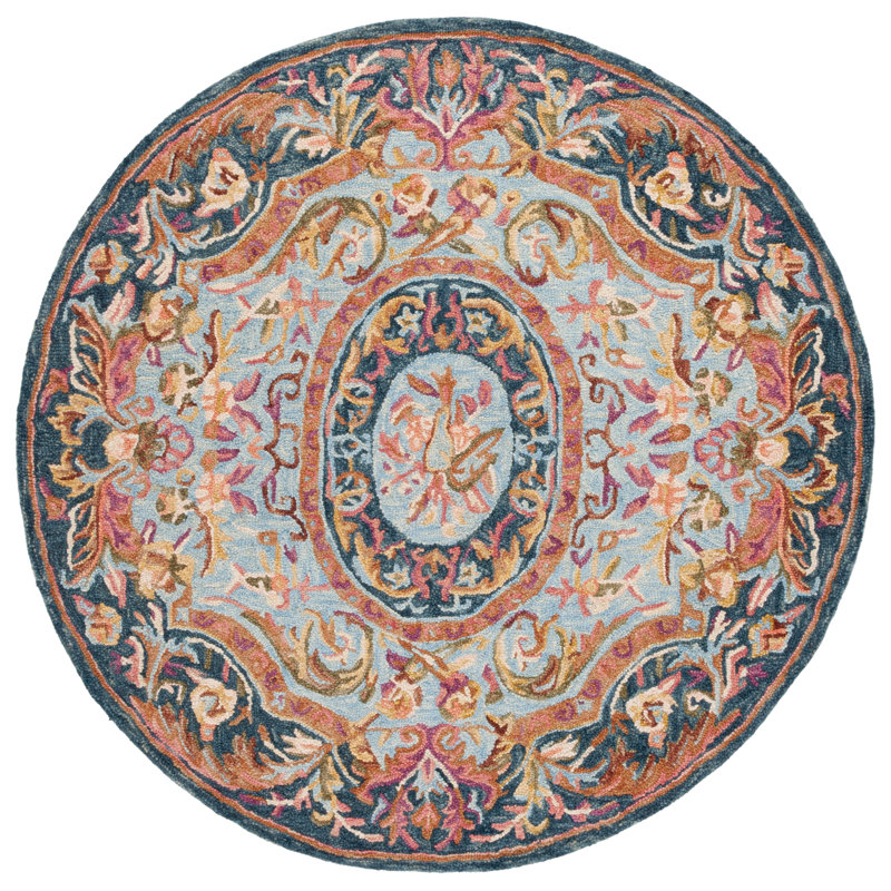 Savonnerie Hand Tufted Wool/Cotton Oriental Rug in Yellow/Orange/Blue, Round 6"