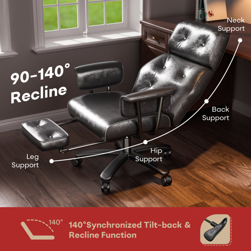 Vintage Desk Chair,Big and Tall Leather Reclining Executive Office Chair with Footrest, Black
