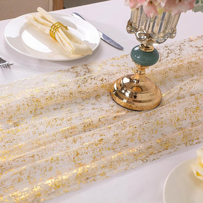 Table Runner - Gold - Gauze Chiffon Tulle With Sequin Glitter & Metallic Foil For Home, Wedding, Anniversary, Party, Birthday, Holiday, Christmas, And Thanksgiving