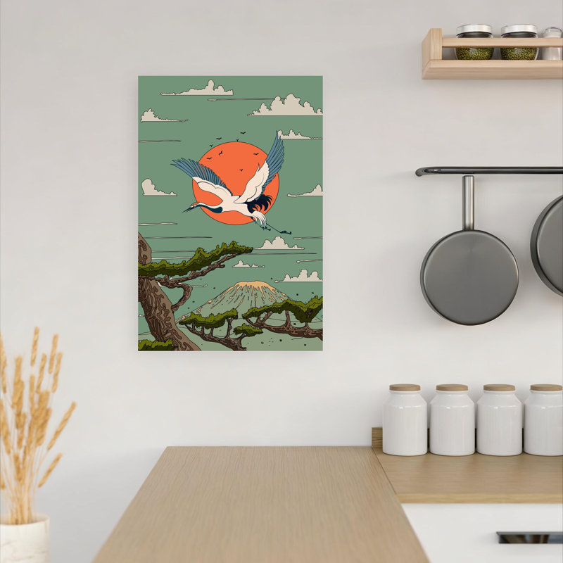 Grue volante, mont Fuji, paysage paisible classique de pin serein, paysage de montagne, art mural, H 18 po x l 12 po