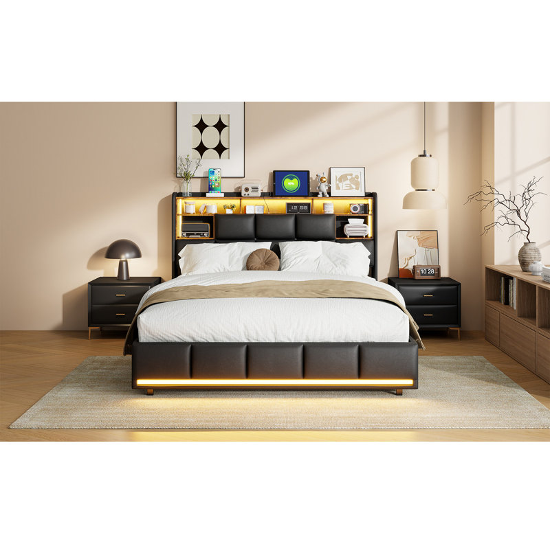 Upholstered Bed with LED Strip Lights, 140*200cm