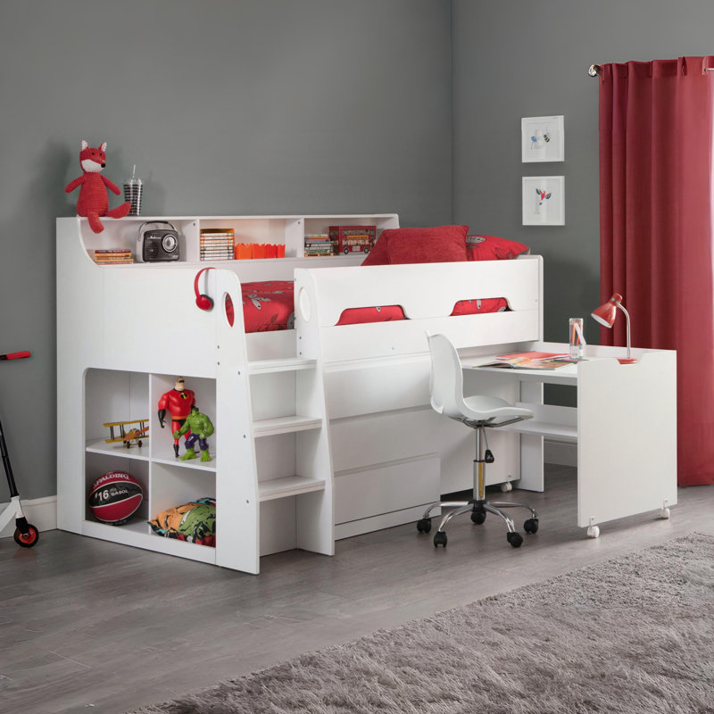 Binne Single (3') 3 Drawer Bed Frames Mid Sleeper Loft Bed with Built-in-Desk, White