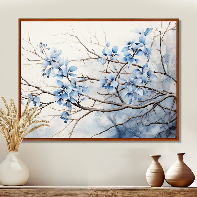 Art sur toile, feuilles bleues et grises, H 24 po x l 32 po x P 1 po, Cadre flottant brun