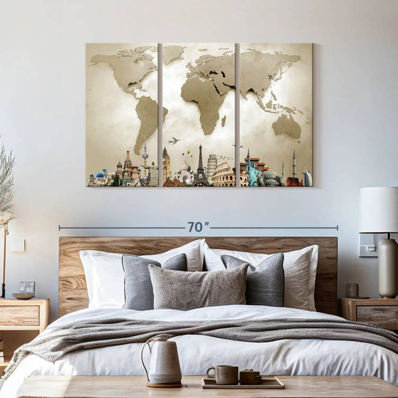 «Minimalist Travel To Places World Map», reproduction sur toile, H 36 po x l 57 po x P 1,25 po