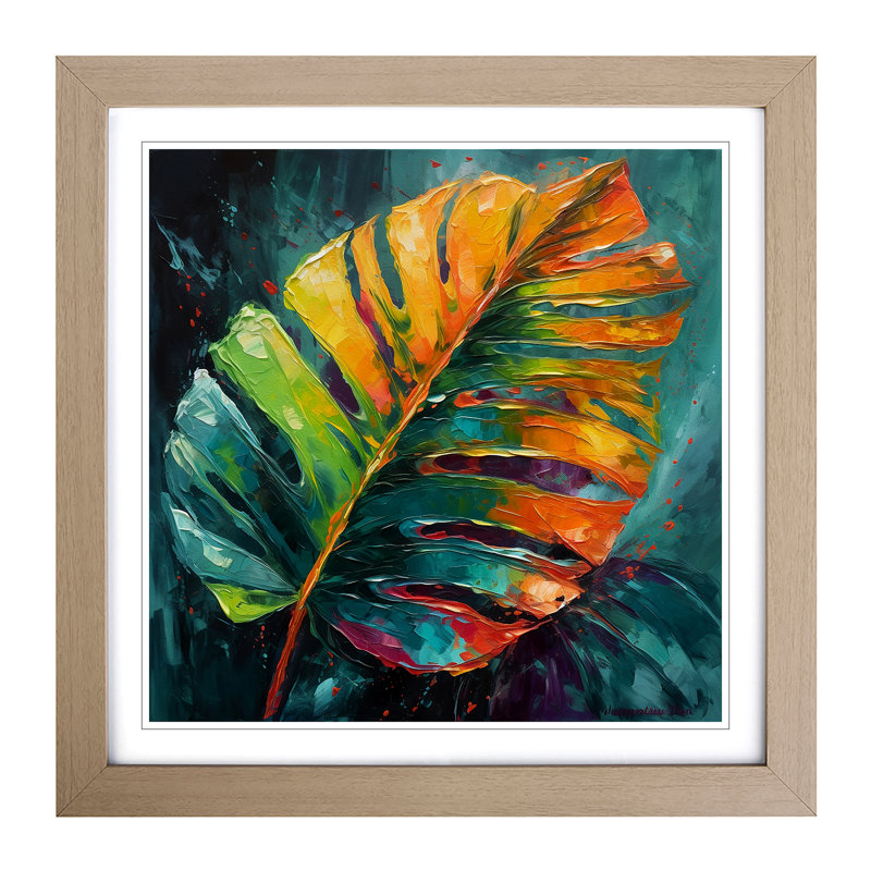 Tropical Leaf Palette Knife Painting - Single Picture Frame Print on Wood, Oak