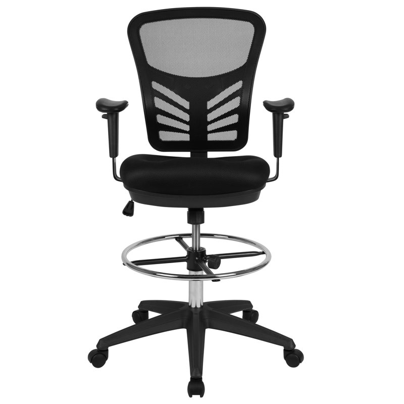 Black Mesh Mid-Back Ergonomic Drafting Chair with Adjustable Arms