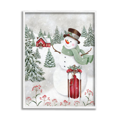 Joyeux bonhomme de neige, traîneau rouge, Holly Botanicals, estampe numérique encadrée noire, art texturé par Emma Leach