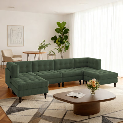 6 - Piece Upholstered Green Tufted Corduroy Modular Sectional with Pillow Back and Two Removable Flip-Tray Top Storage Ottoman