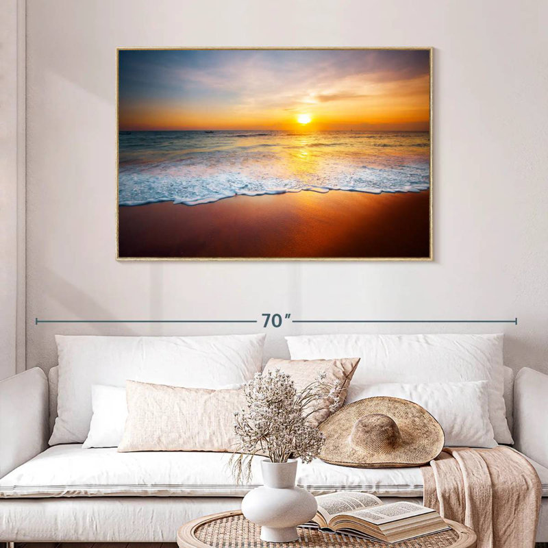 Coucher de soleil sur les vagues mousseuses, Cadre flottant en bois naturel, 46 po x 31 po
