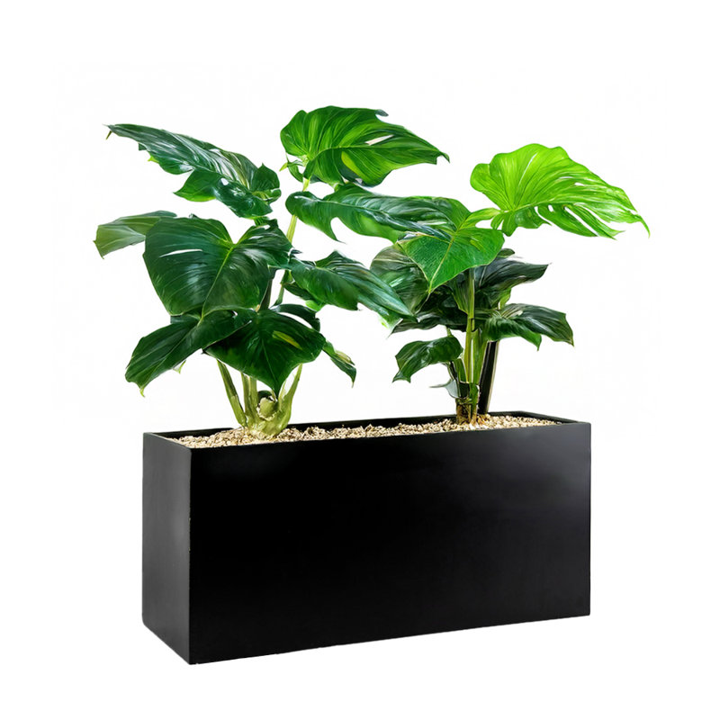 Pot à fleurs rectangulaire moderne en fibre de verre, Noir, noir, noir, noir, H 18 po x l 40 po x P 18 po