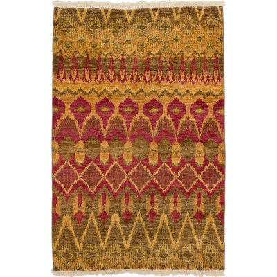 Tapis unique en laine noué à la main Mogul des années 2010 de 4 pi x 6 pi 1 po brun clair / rouge Kalimba