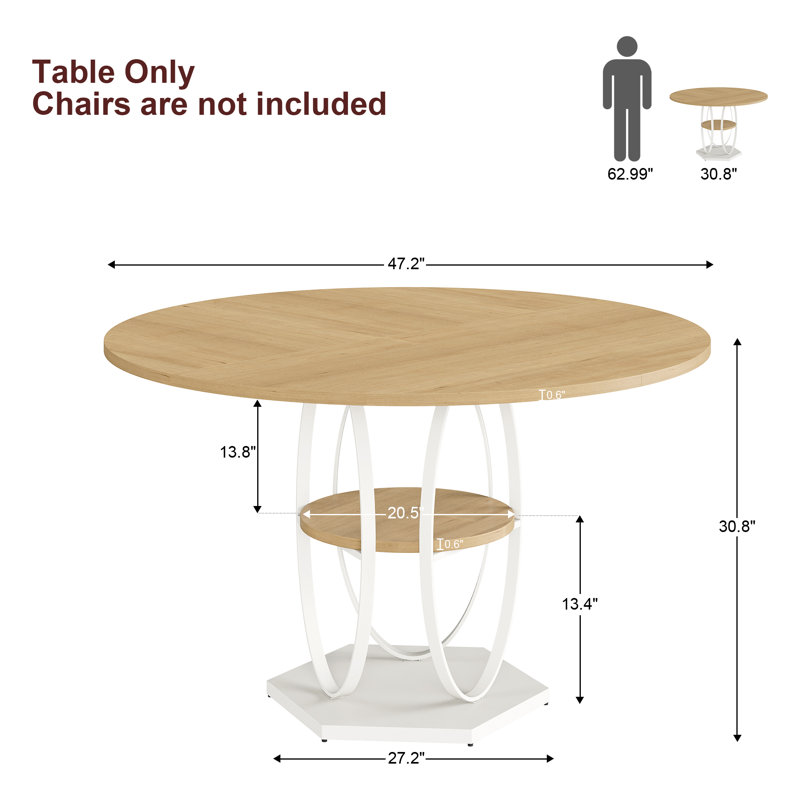 Table de salle à manger ronde de 47 pouces avec tablette de rangement pour la cuisine et la salle à manger (chêne naturel)