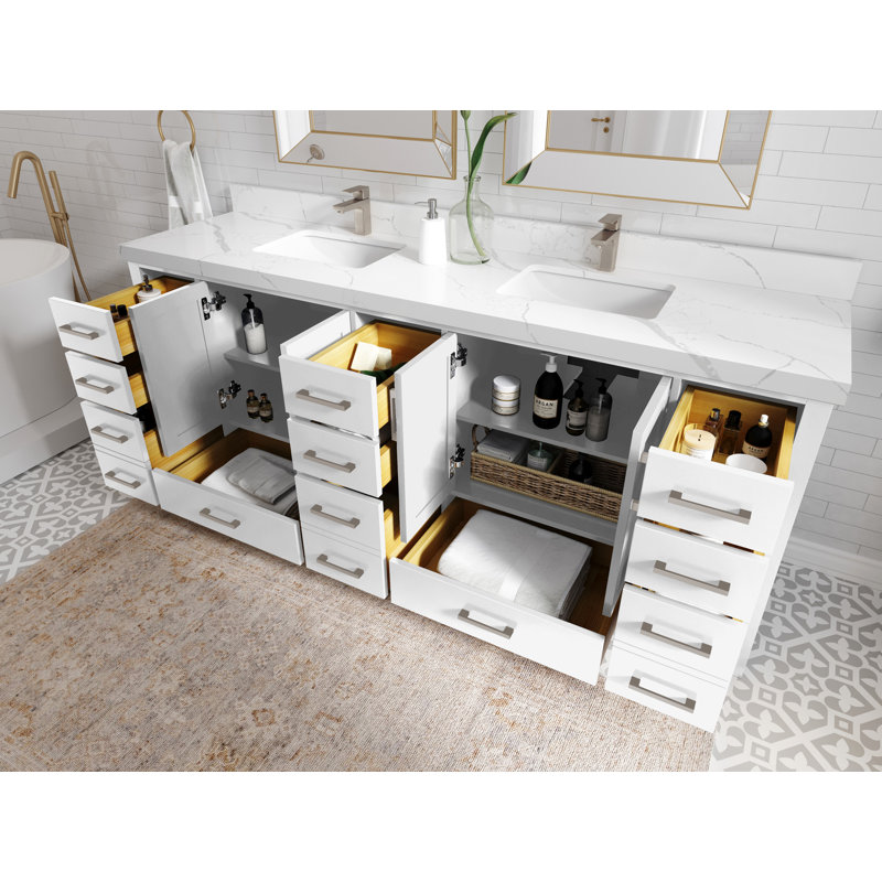 84 po X P 22 po D Malibu, meuble-lavabo à double cuve blanc avec 2 tablettes en quartz Calacatta Laza, Quartz de Carrare