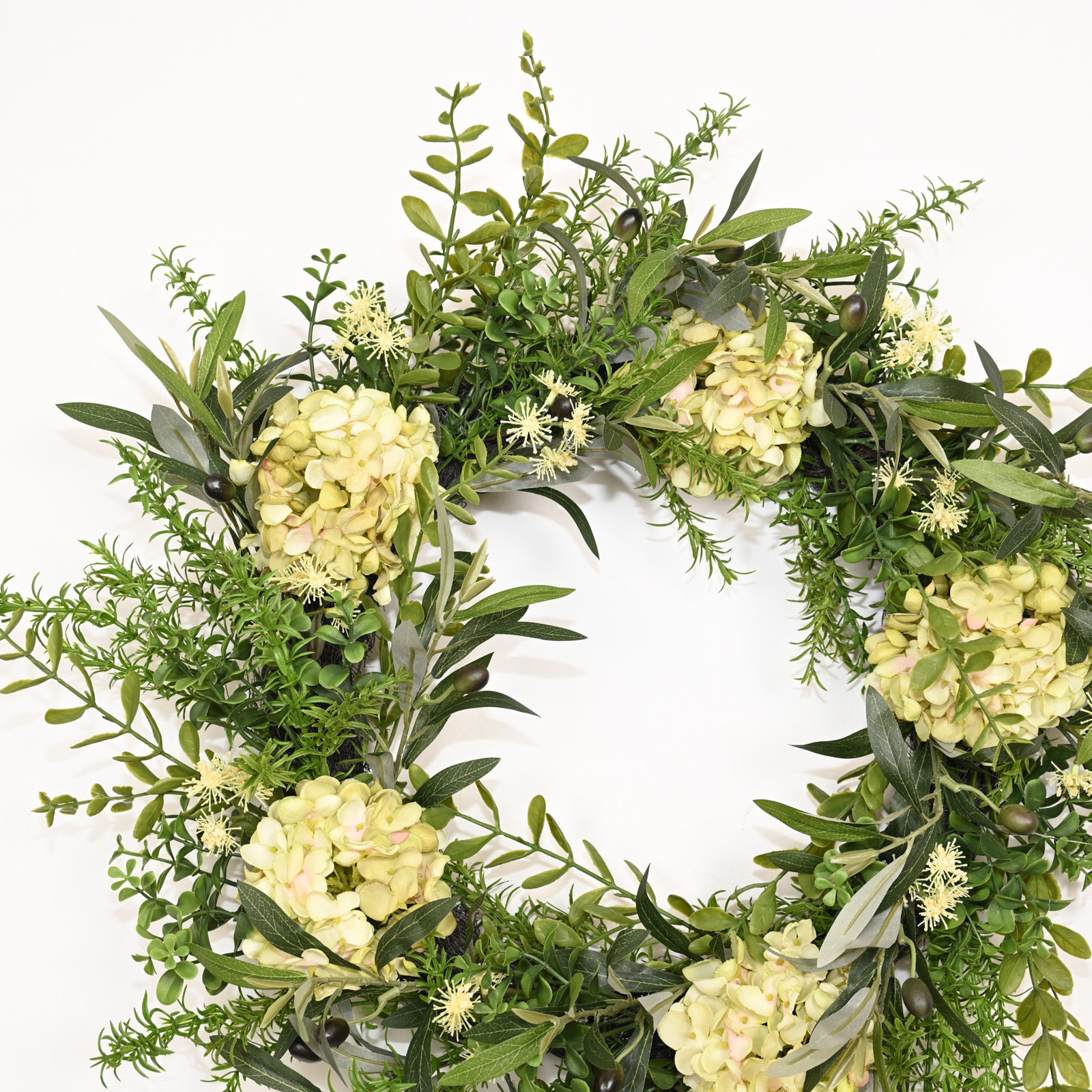 24" Handcrafted Olive Hydrangea No Holiday Wreath