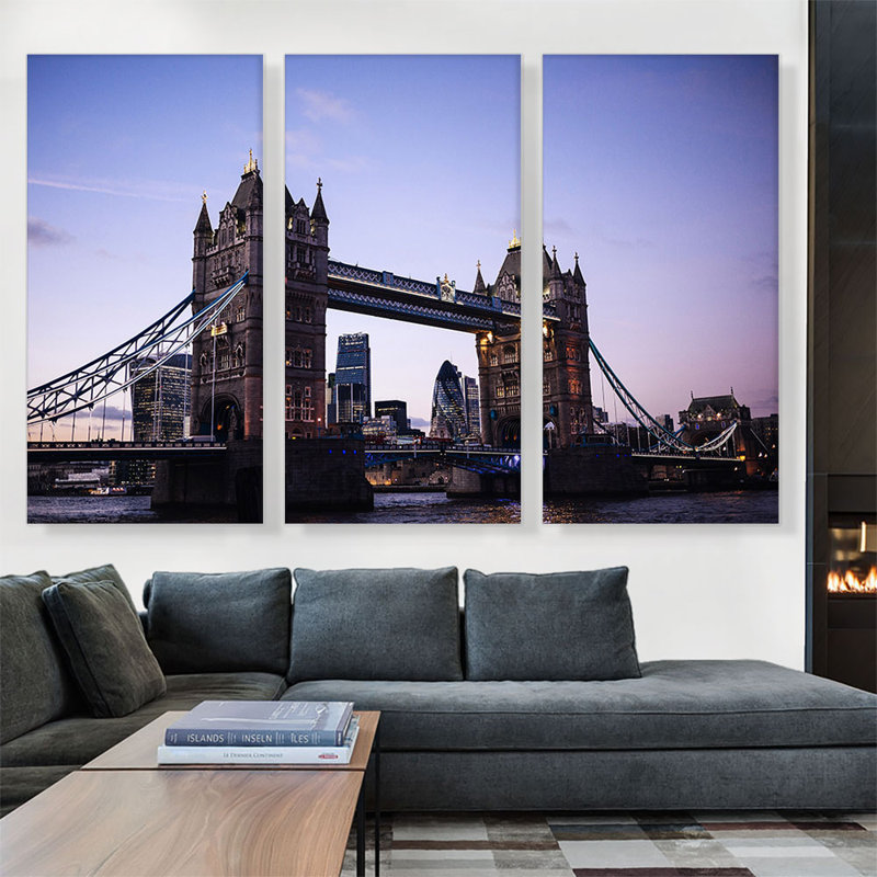 Tower Bridge London England - ensemble de 3 reproductions de photos sur toiles tendues, H 40 po x l 60 po x P 0,75 po