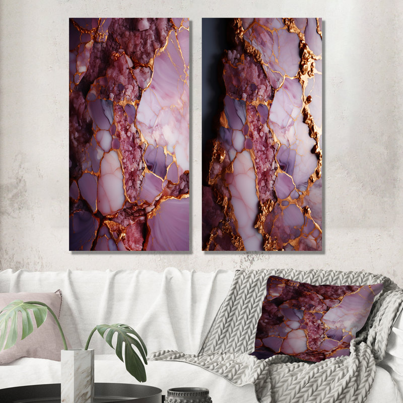 Rose et or, agate de marbre, rivière I, ensemble d'art mural sur toile abstraite de 2, Toile tendue, H 28 po x l 25 po