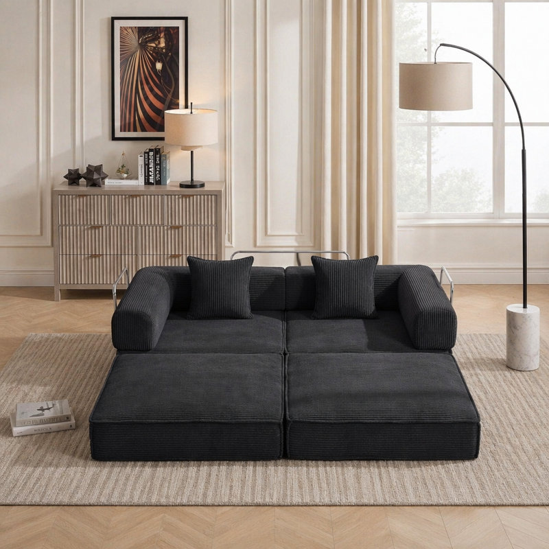 Canapé-lit convertible de 78 po, canapé modulaire en velours côtelé avec 2 coussins et canapé compact, Black