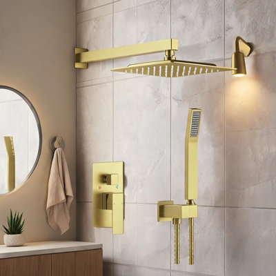 Rainfall Showerhead Shower System in Brushed Gold, 52 x 41 x 16 in, with Handheld Sprayer
