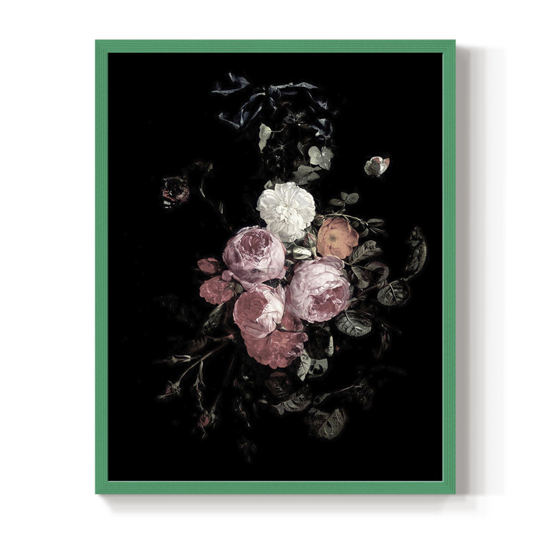 Reproduction florale rétro encadrée XCV - bois massif, H 15 po x l 12 po, Vert