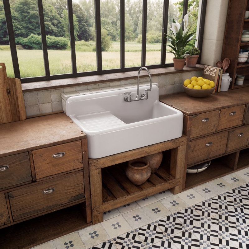Heritage 42" Front Apron Single Bowl Fireclay Sink with Integral Drainboard and High Backsplash