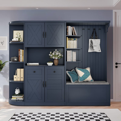 Multifunctional Farmhouse hall tree with bench, Hooks, Bench and Open Shelves Cabinet