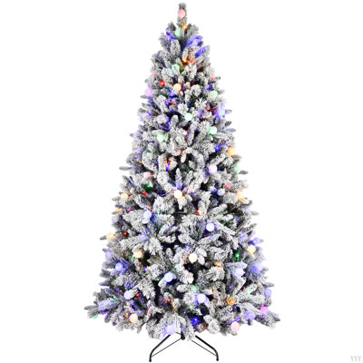 Flocked Christmas Tree With Colorful LED Lights  With G45 Ball, Realistic PE+PVC+Hard Needle Hinged Tree With Memory Wire, 10 Lighting Modes, Foot Switch & Stable Metal Stand