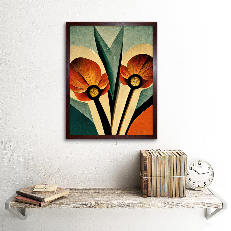 Flower Illustration Art Deco Tulips - Print, 43cm H x 33cm W, Brown Framed Paper