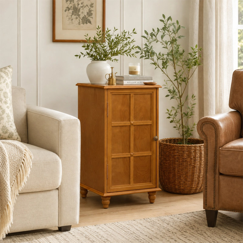 Meuble bas moderne de style milieu du siècle, de 27 pouces de hauteur, avec tablette réglable et pieds en bois massif., Noyer