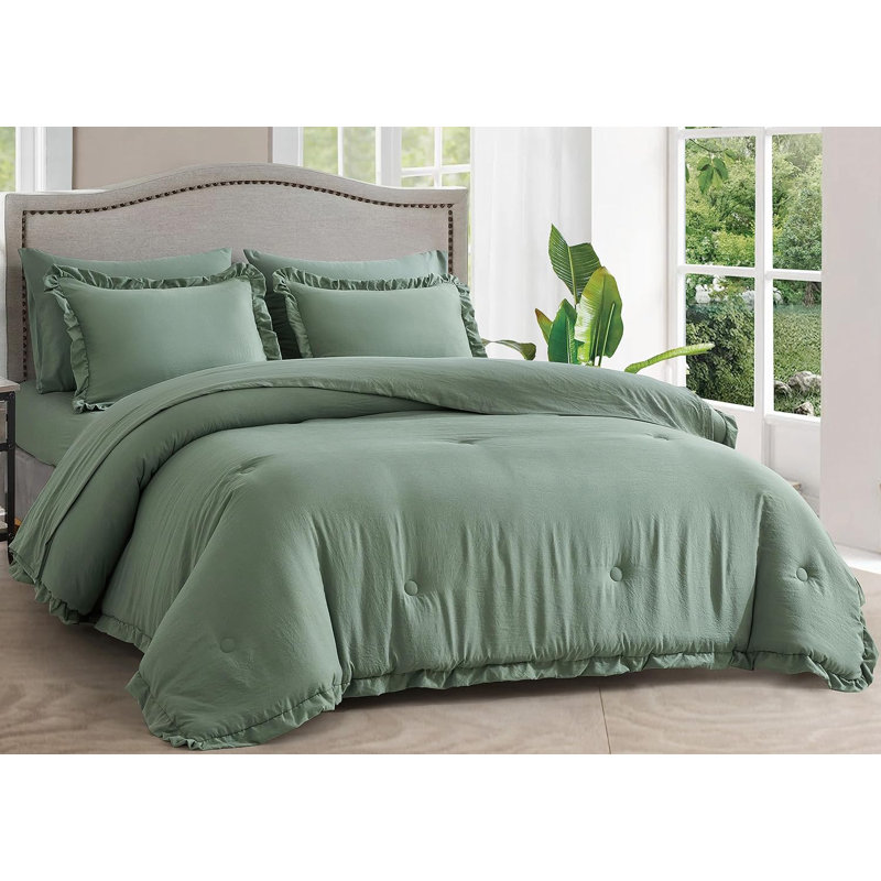 Ruffled Edge Microfiber Bed in a Bag Comforter Set, Full Comforter + 6 Additional Pieces, Sage
