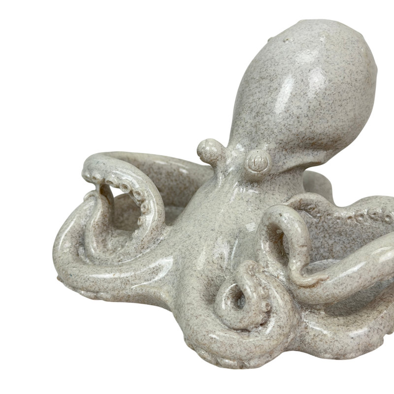 Ensemble salière et poivrière en résine blanc cassé, motif pieuvre, verre et métal, 14 cm de large