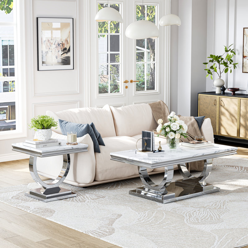 Table de bout moderne 22,83 po avec base en acier inoxydable, Blanc, Doré