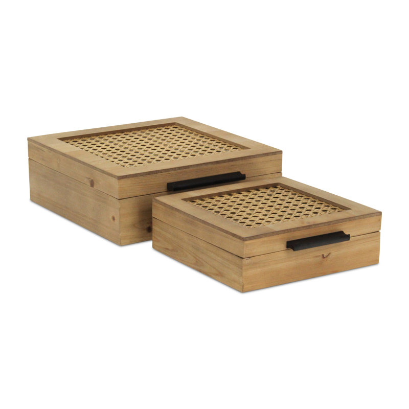 Ensemble de boîte en rotin et bois Baskura | Poignées noires |, H 3,5 po x l 9,75 po x P 10,5 po