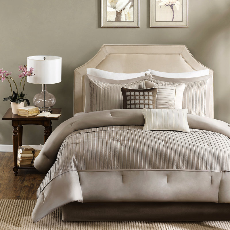 7 Piece Charmeuse Comforter - Taupe King Embroidery Pillow